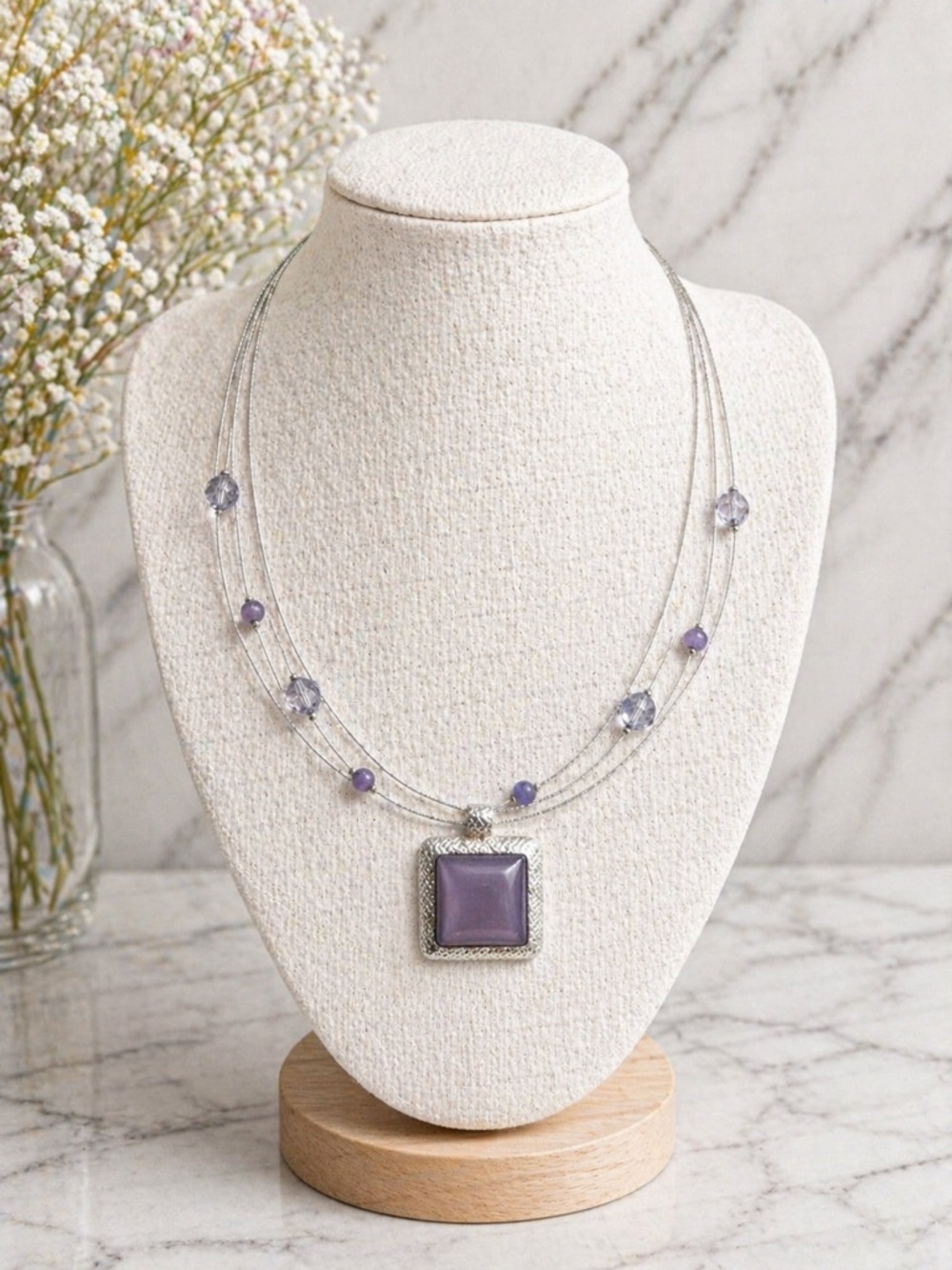 Purple Square Pendant Layered Necklace Silver Tone Beaded Y2K